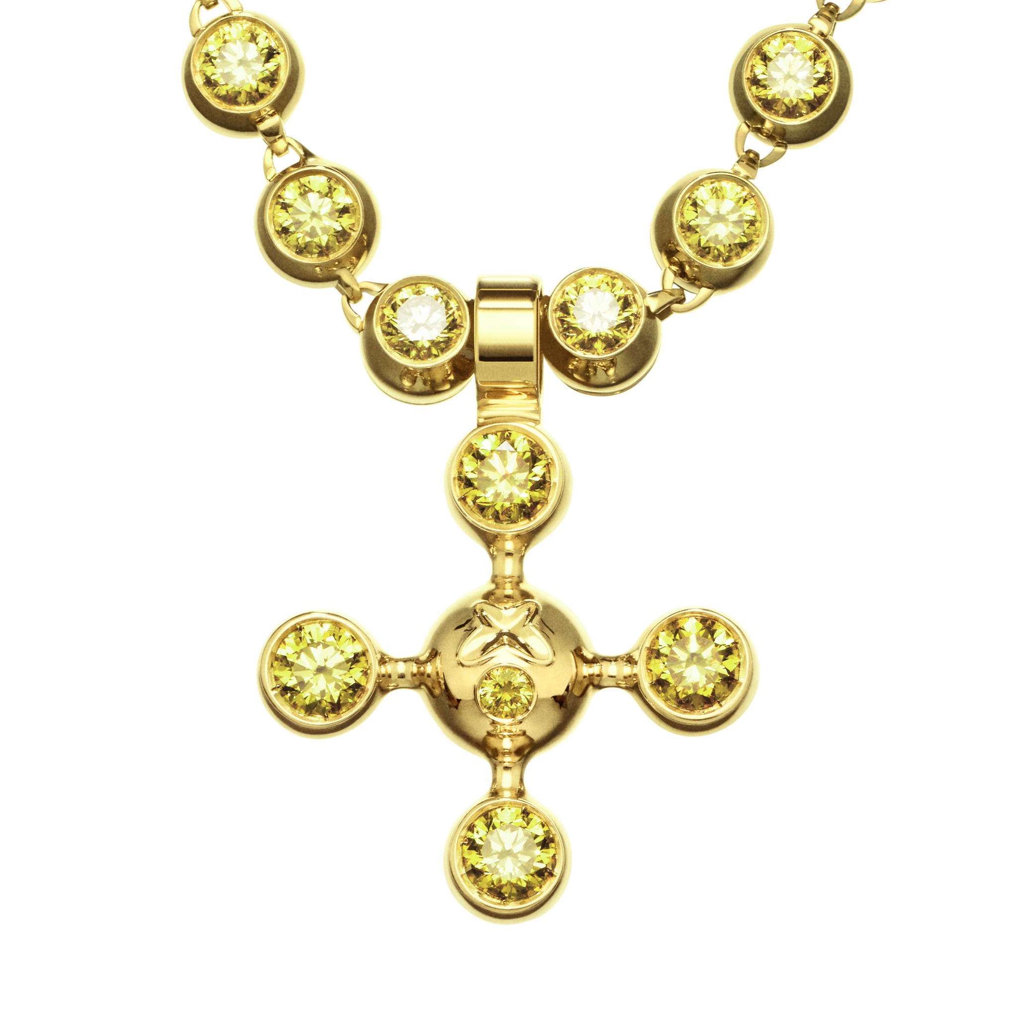 A detail of Sphere Cross High Jewelry Pendant in Yellow Gold